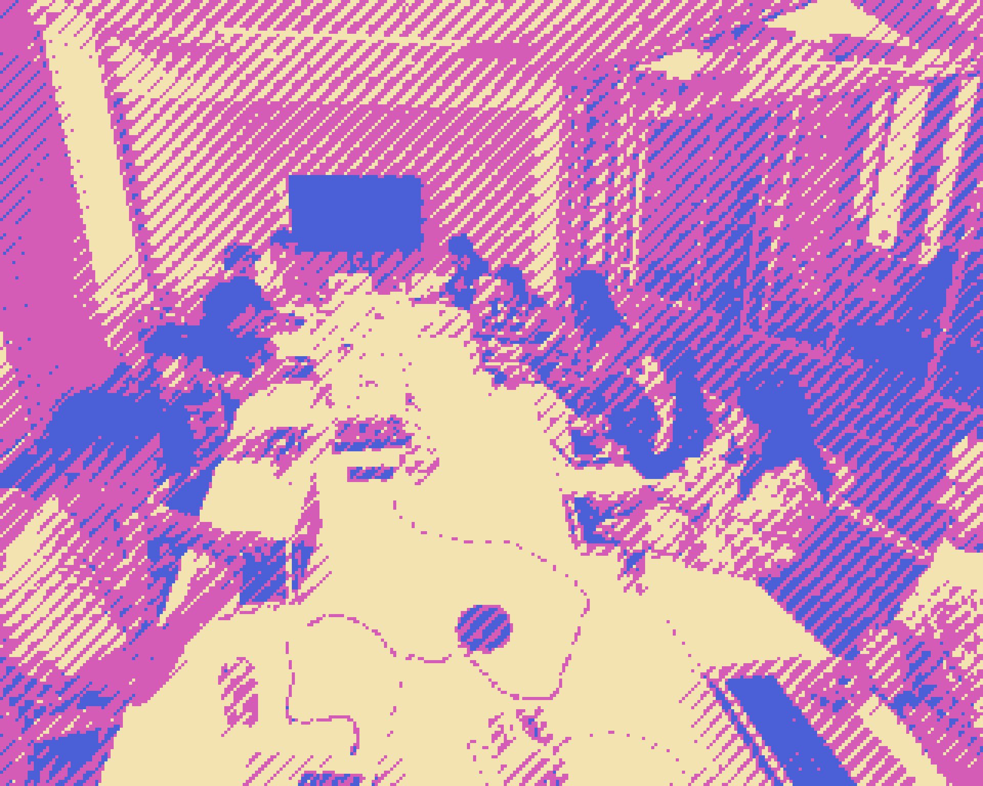 A green diagonal dither of a long meeting table
