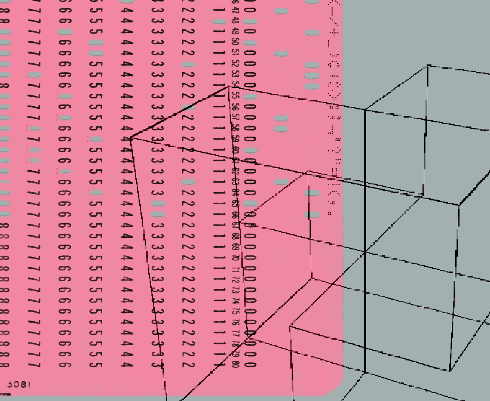 A green punch card with columns of digits under a wireframe of stacked cubes